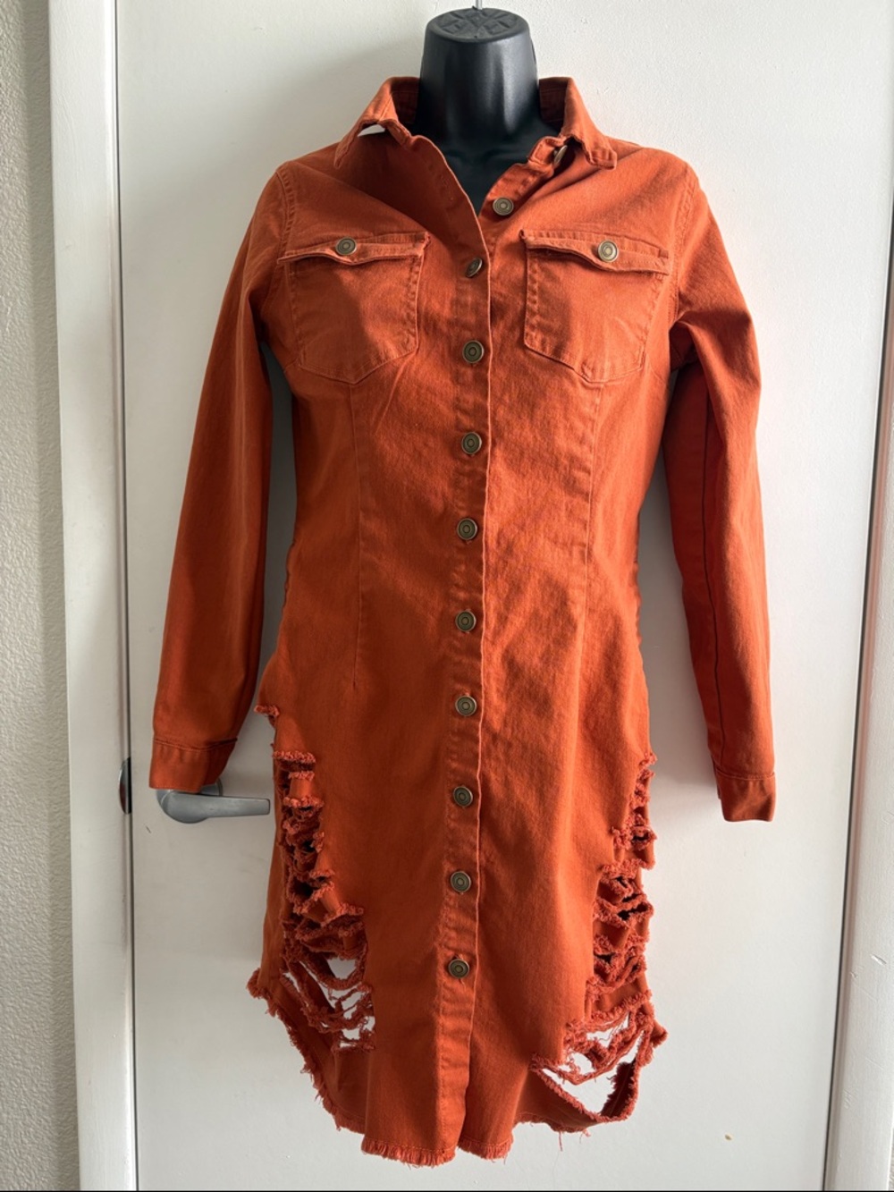 Fashion Nova Rust Button Down Distressed Long Sleeve Frayed Hem Shirt Dress SZ L